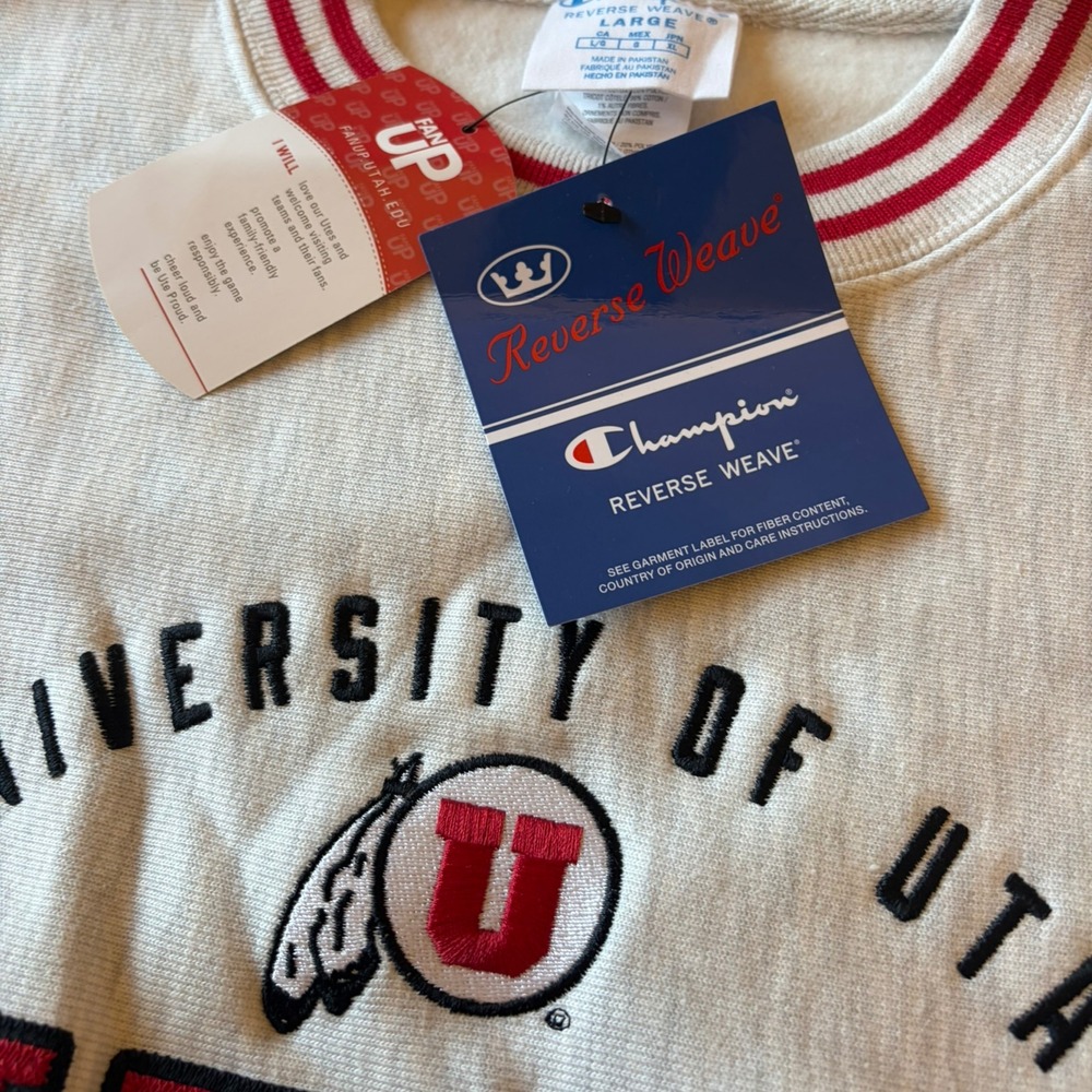 NWT Champion Reverse Weave Utah Utes Crewneck L Oatmeal Striped Collar Trim - Picture 5 of 8